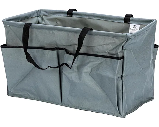 This large treated canvas utility tote has a number of practical uses and features. Collapsible and water resistant, with four large exterior pockets. Use for picnics, beach days, camping, sporting events, grocery shopping and more